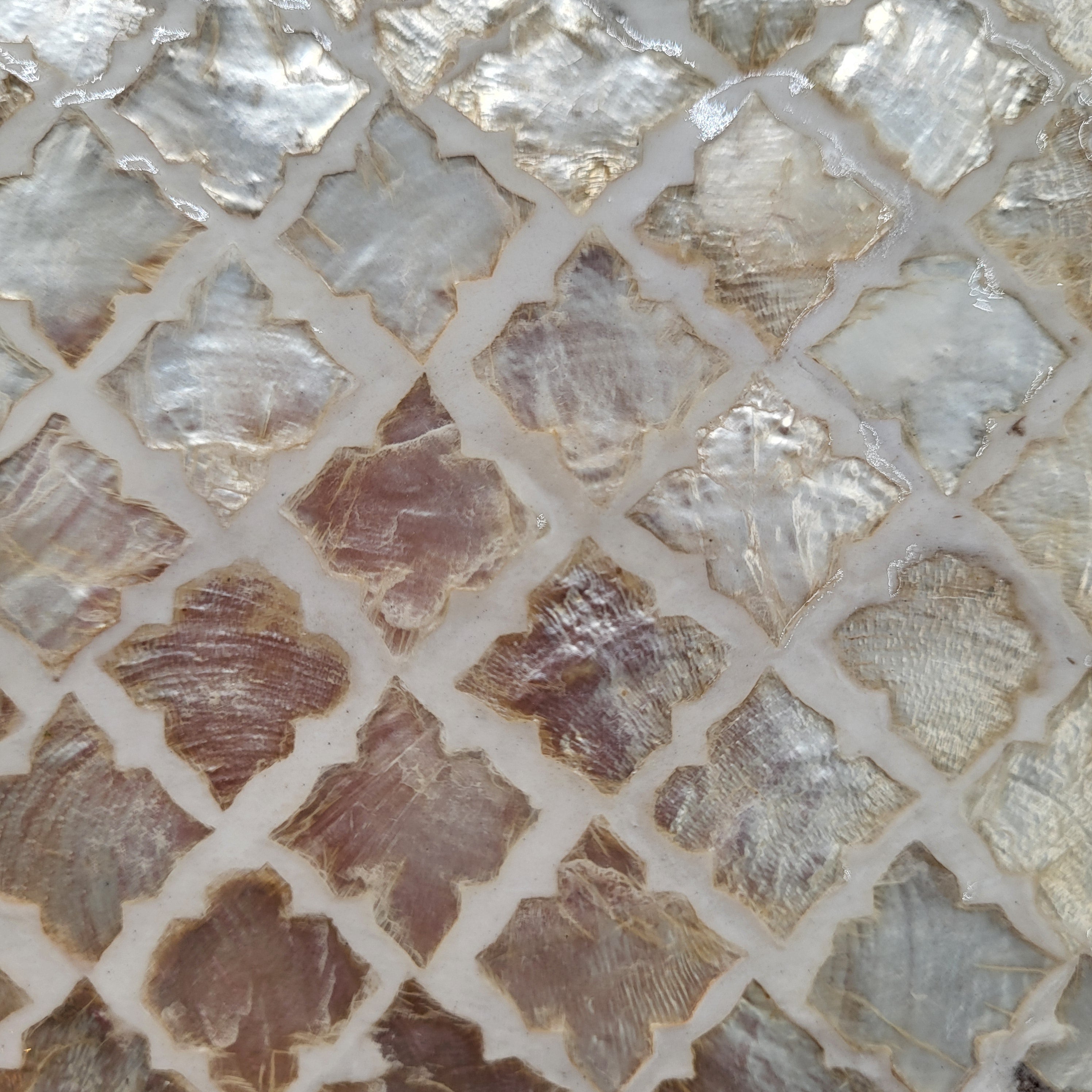 Ivory mother of pearl tissue box cover from Inside Living, iridescent decorative holder for the home, side view