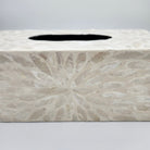 Ivory mother of pearl tissue box cover from Inside Living, iridescent decorative holder for the home, styled in situ