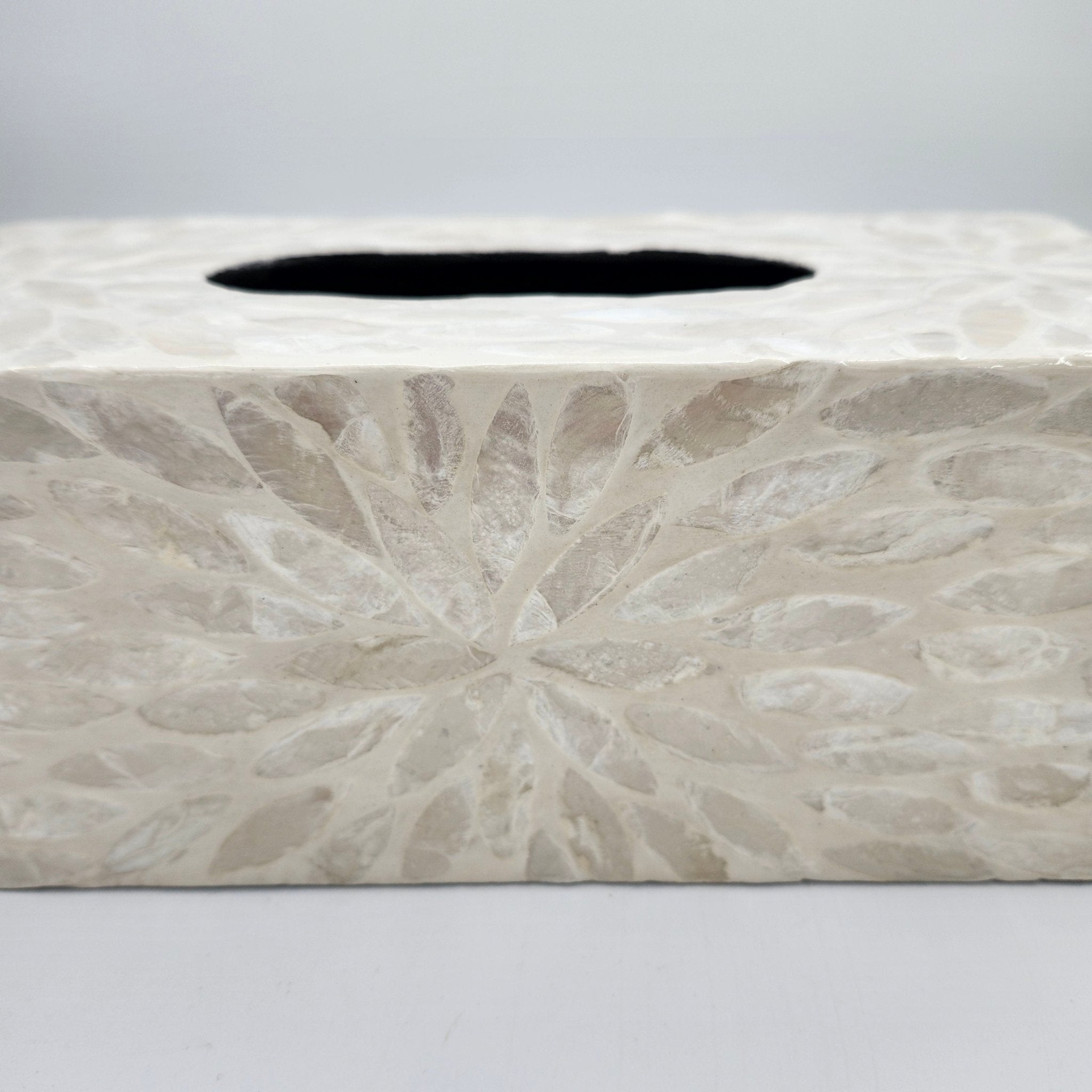 Ivory mother of pearl tissue box cover from Inside Living, iridescent decorative holder for the home, styled in situ