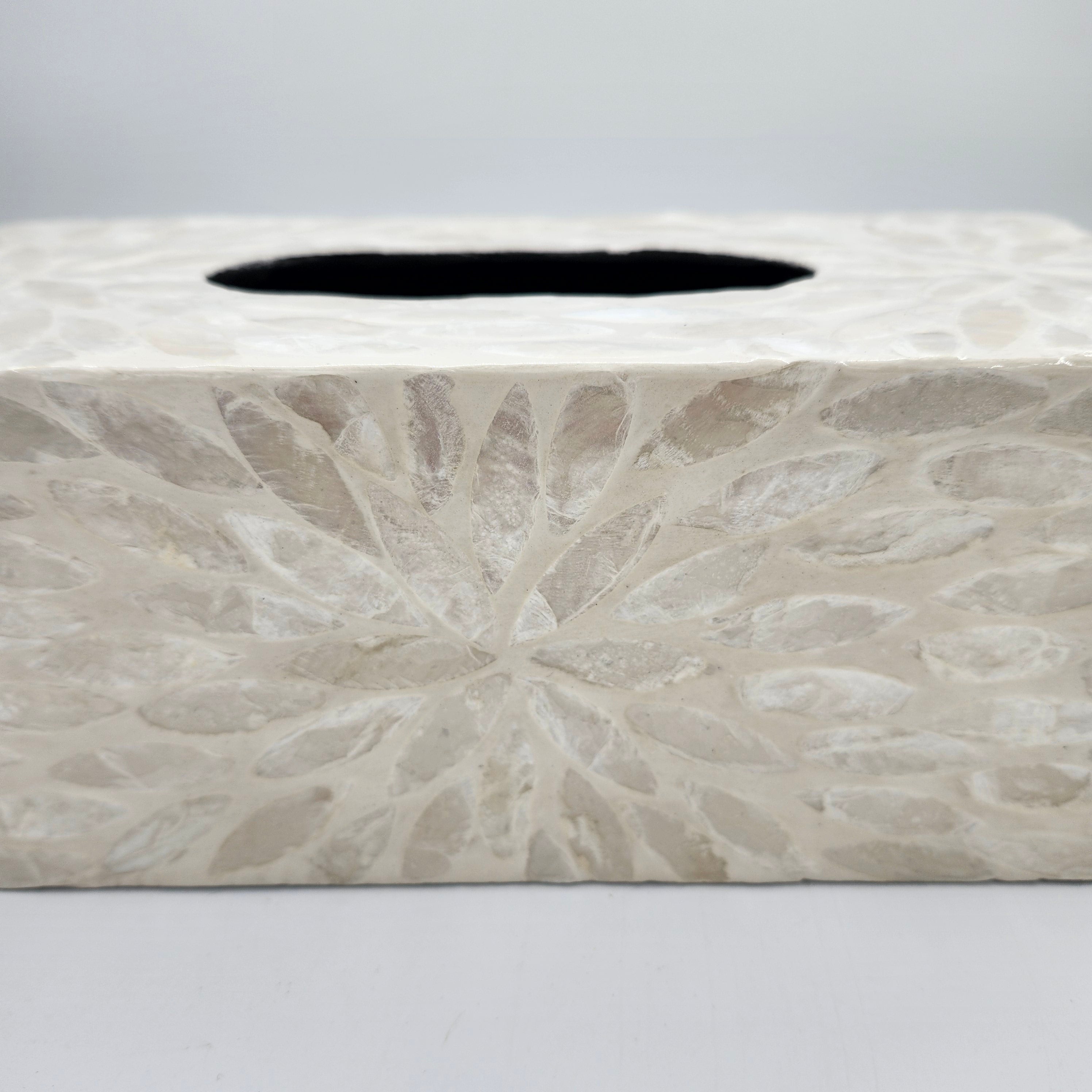 Ivory mother of pearl tissue box cover from Inside Living, iridescent decorative holder for the home, styled in situ