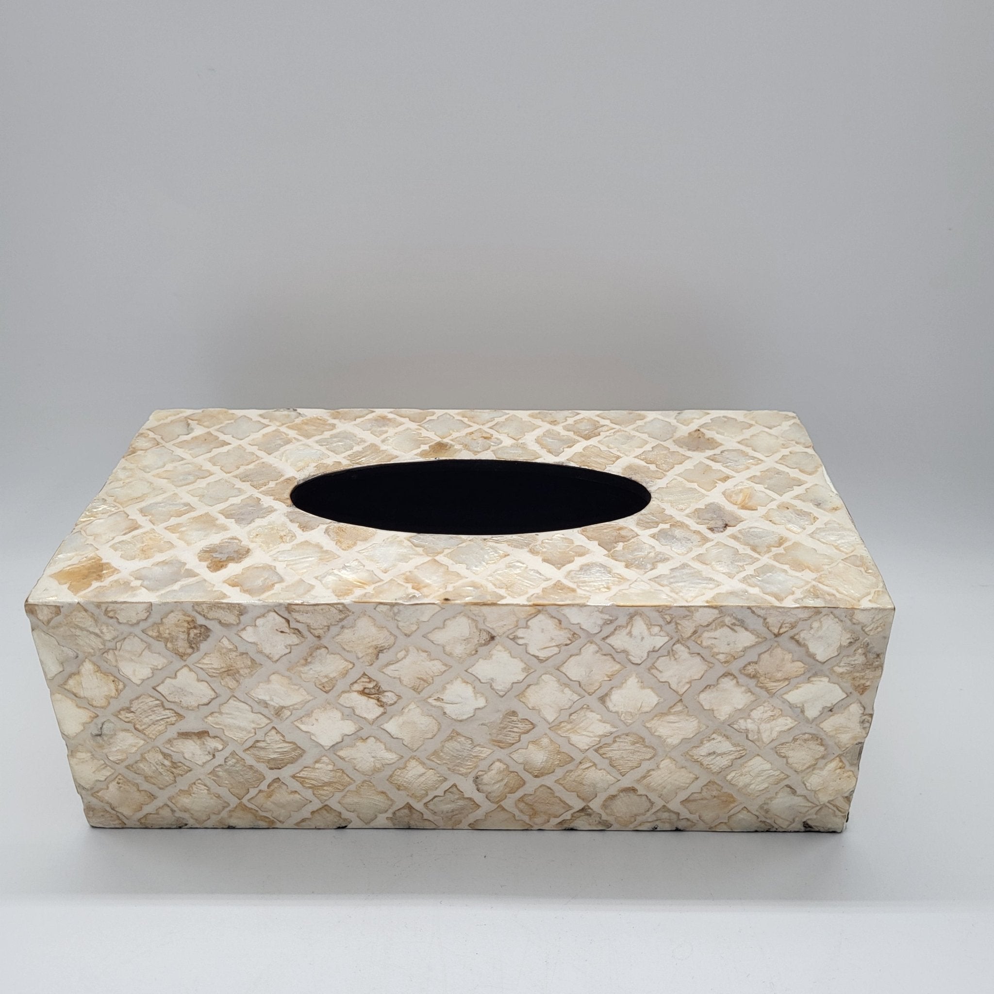Ivory mother of pearl tissue box cover from Inside Living, iridescent decorative holder for the home, detail view