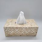 Ivory mother of pearl tissue box cover from Inside Living, iridescent decorative holder for the home, close-up detail