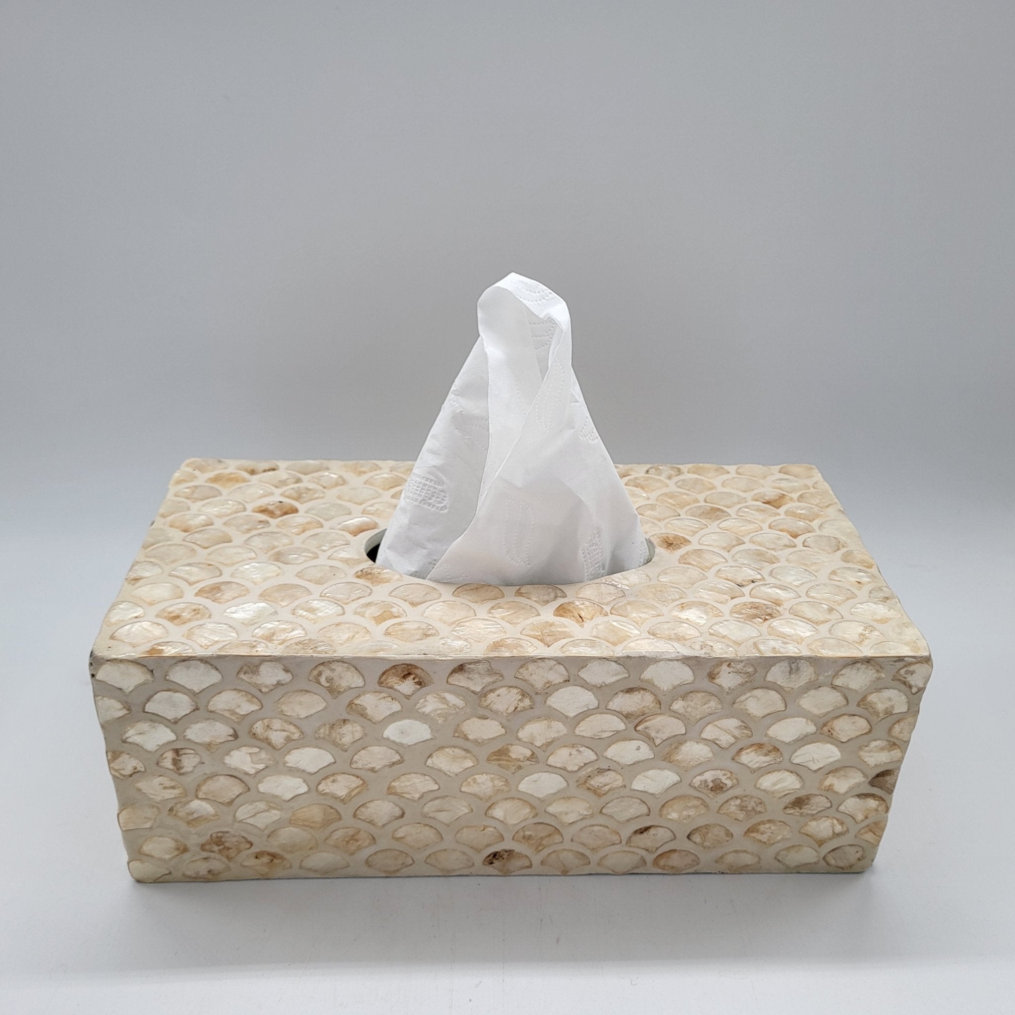 Ivory mother of pearl tissue box cover from Inside Living, iridescent decorative holder for the home, close-up detail