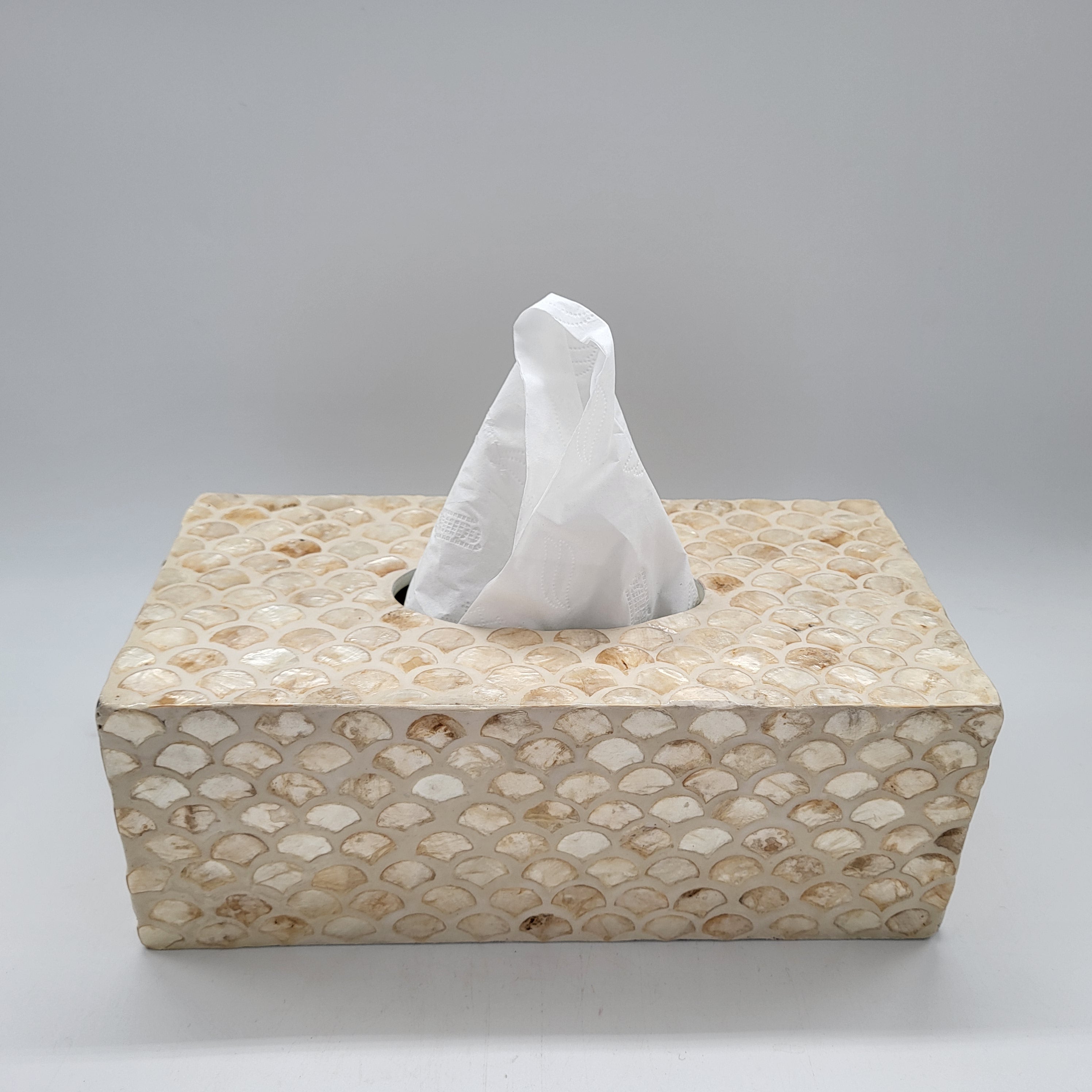 Ivory mother of pearl tissue box cover from Inside Living, iridescent decorative holder for the home, close-up detail