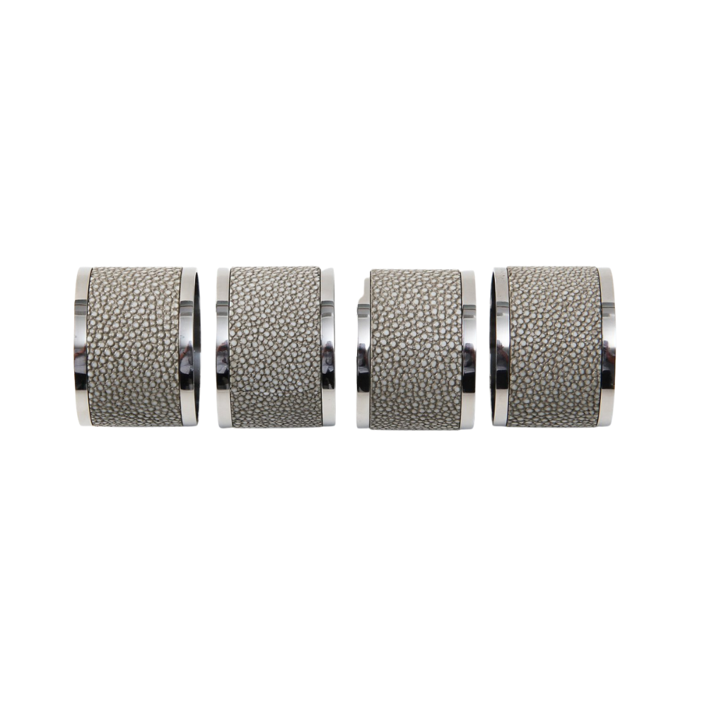 Set of four barley faux shagreen and stainless steel napkin rings, 5 cm diameter, 4 cm high