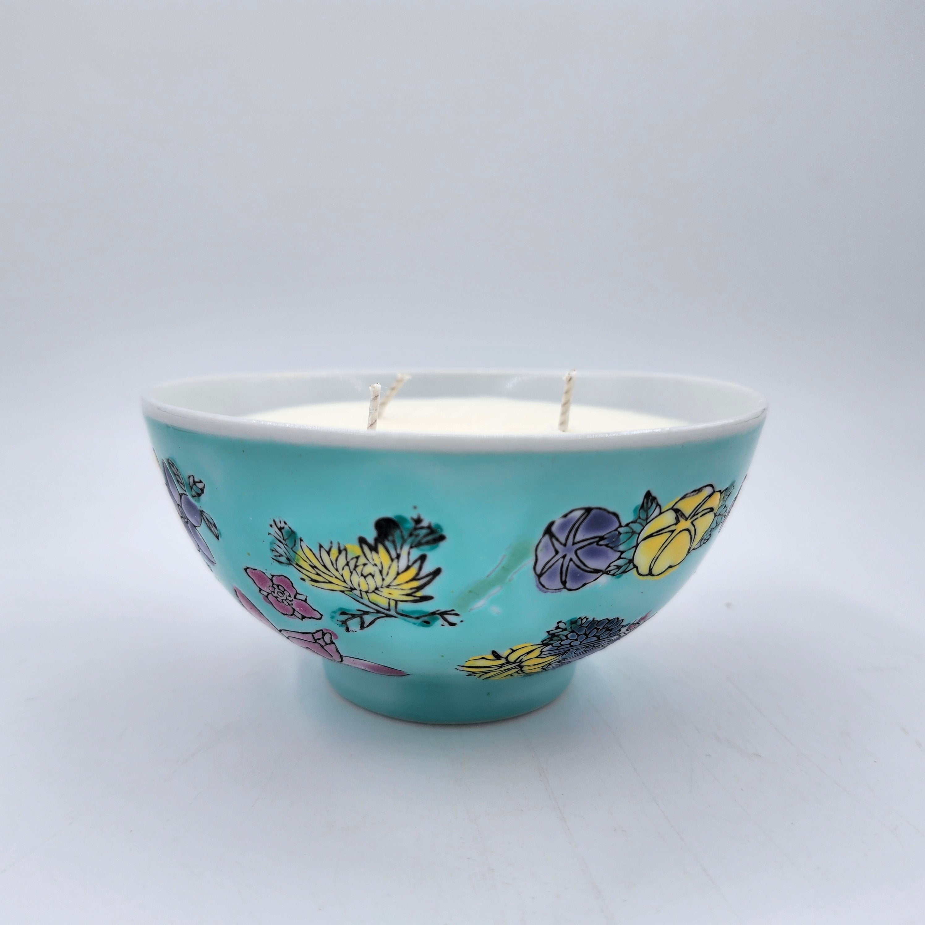 Botanical Gardens scented soy candle in a teal floral rice bowl, 11 cm diameter, 290 ml, three wicks