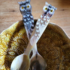 Set of 2 horn salad servers with an owl carved into each handle, handcrafted natural serving pair, 26 cm