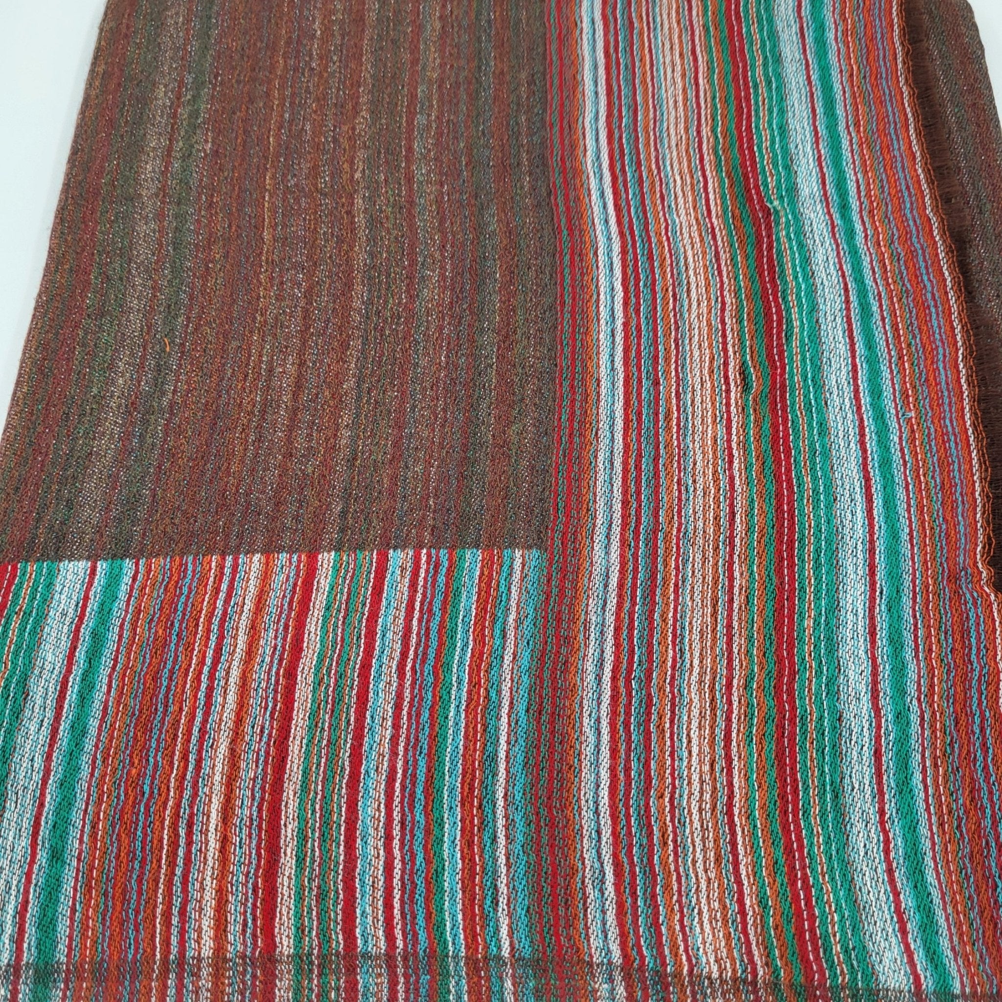 Silk and pashmina multi-striped shawl in coffee and red, 105 x 210 cm, soft, lightweight and warm