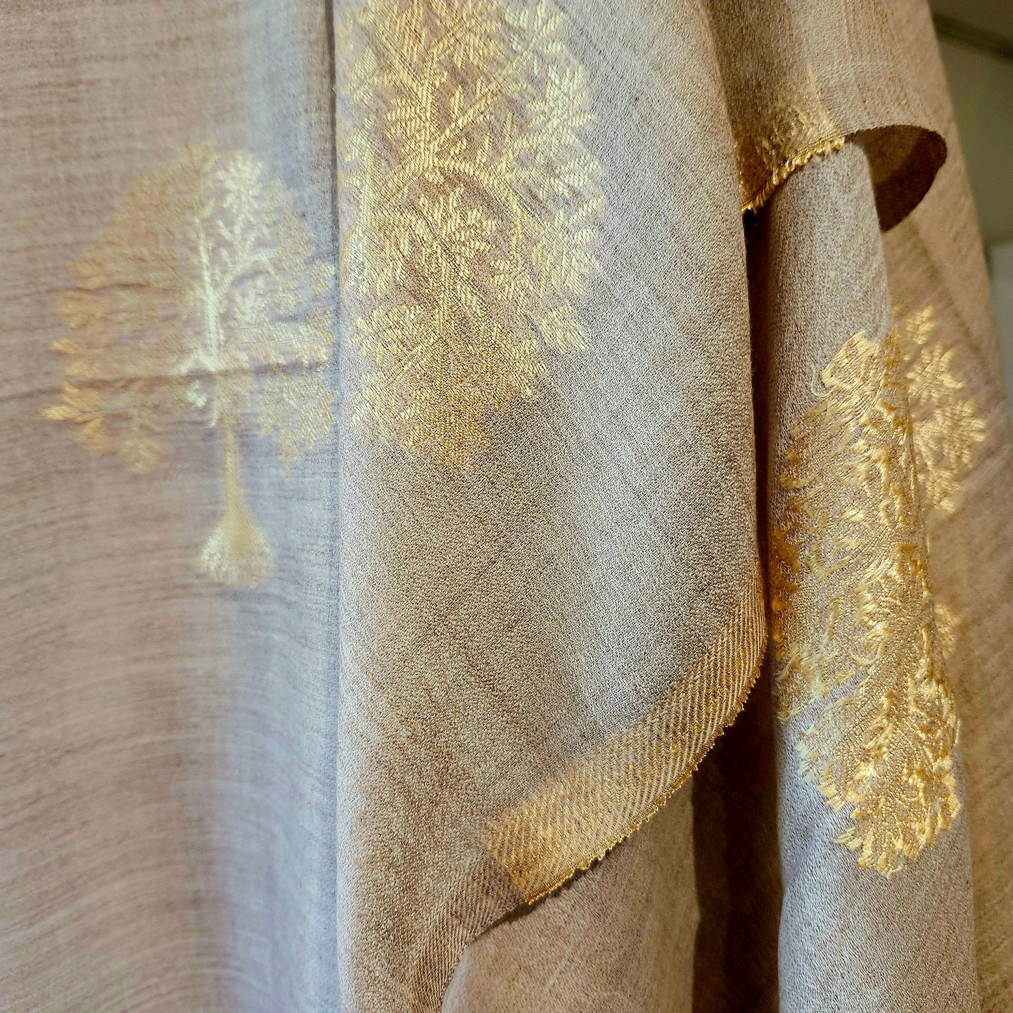 Embroidered pashmina shawl in 'Tree' design, soft handmade wrap scarf with fine hand embroidery, detail view