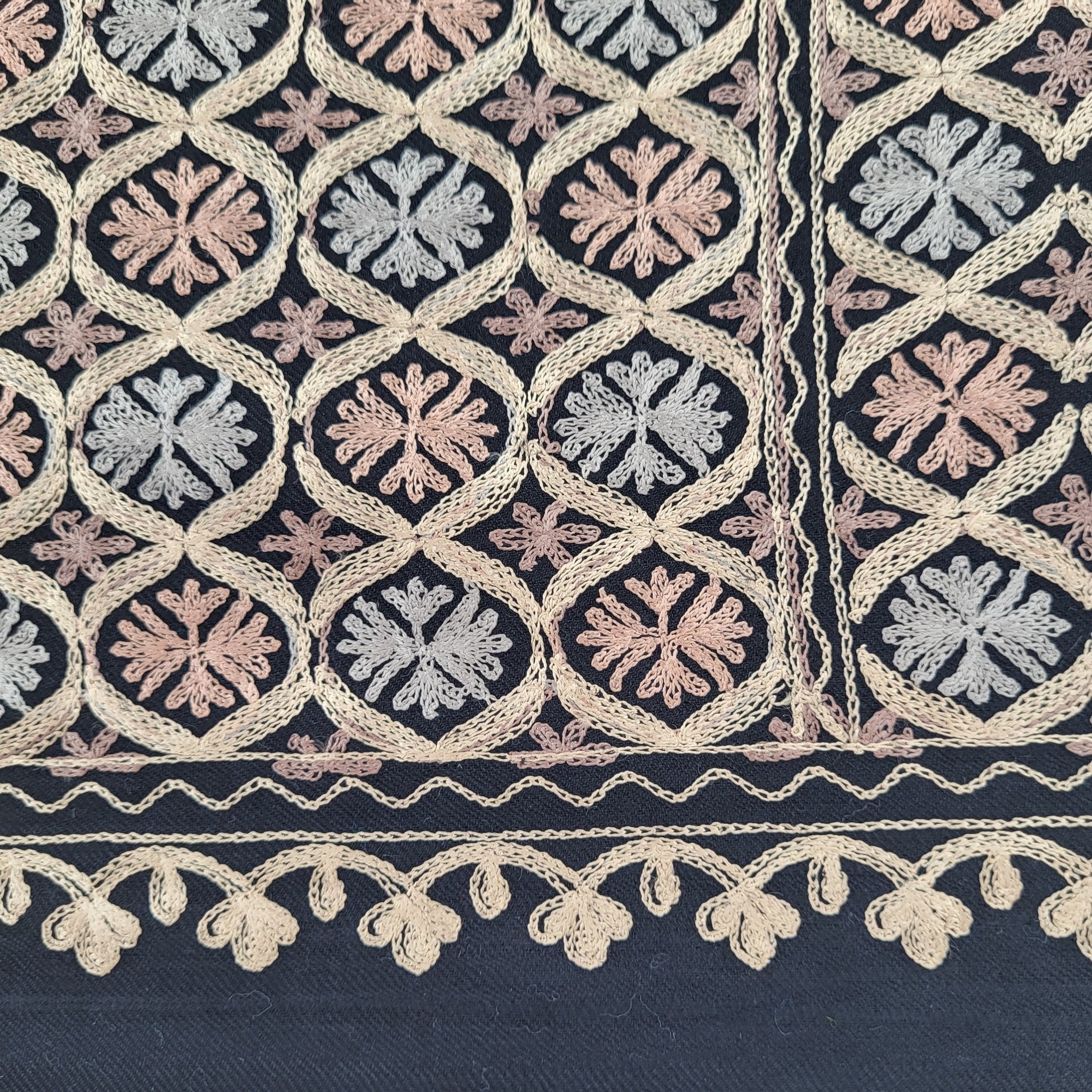 Embroidered Pashmina Small Circle from Inside Living Singapore. Shown in use.