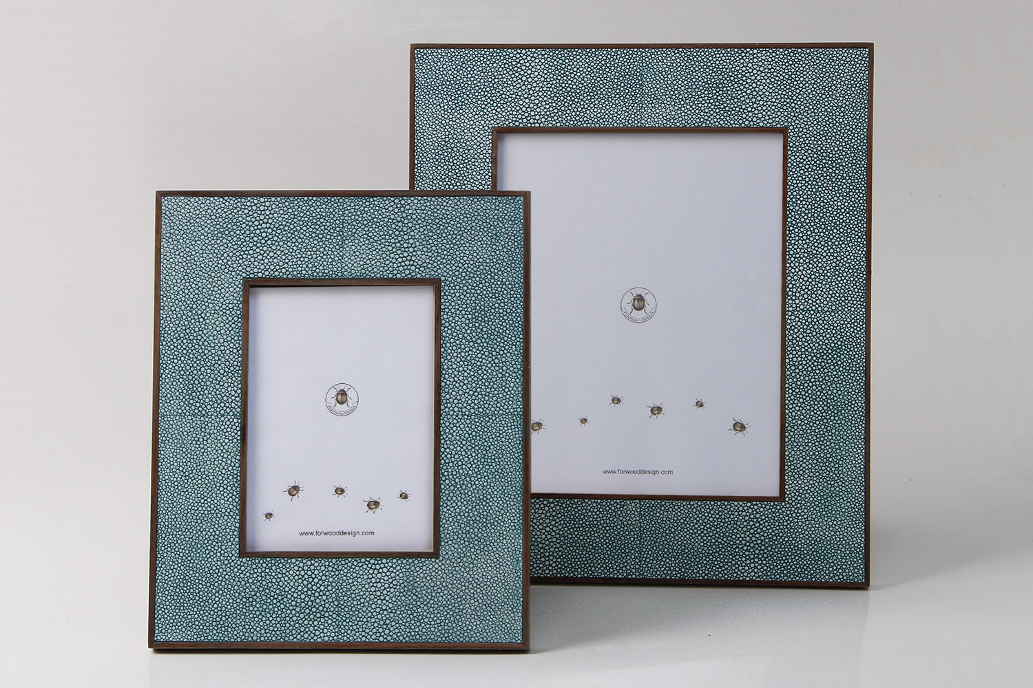 Classic photo frame in teal faux shagreen with polished sycamore back, fits 5 x 7 or 8 x 10 inch photos