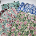 Pleated block print cotton shirt with mandarin collar and mother of pearl buttons, assorted colours