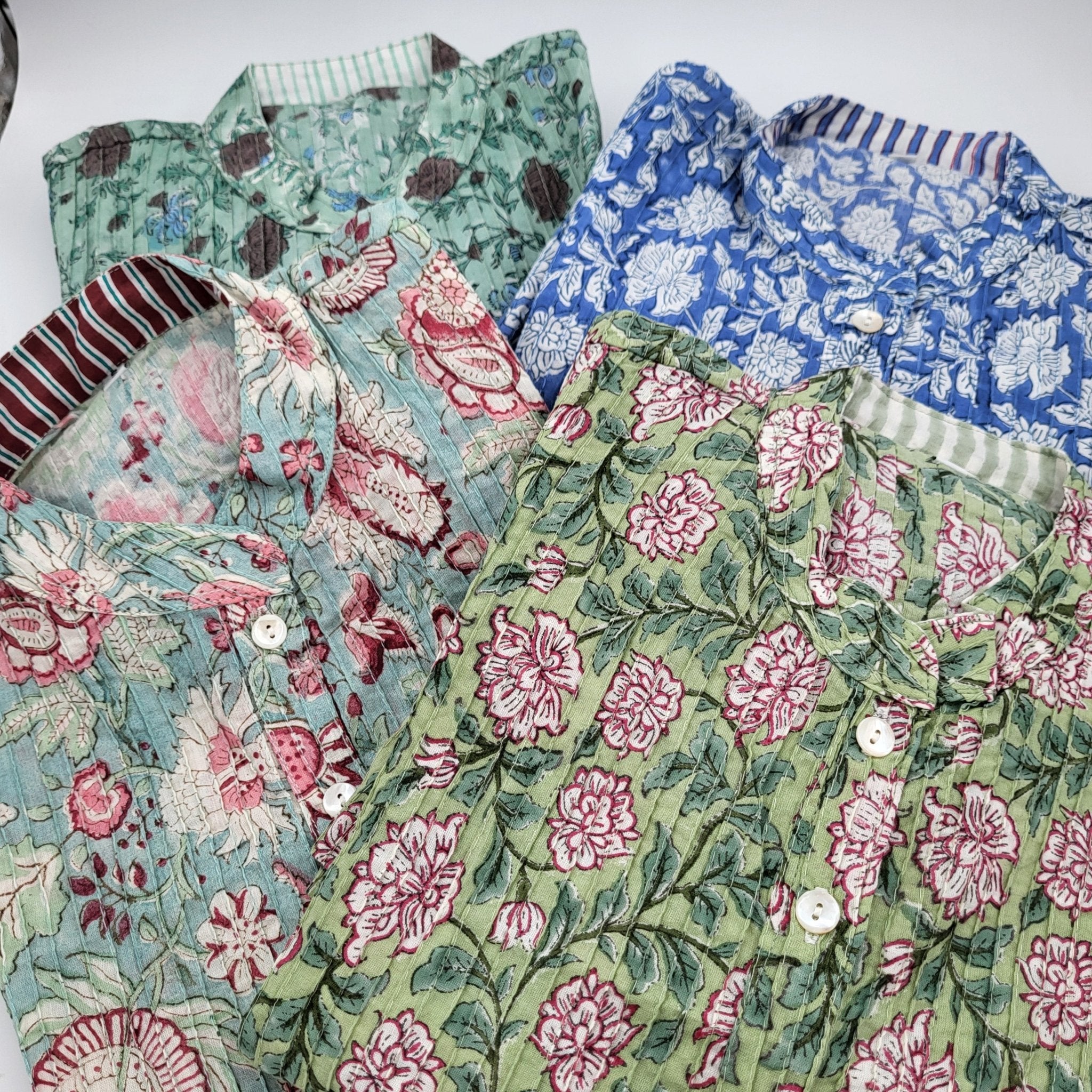 Pleated block print cotton shirt with mandarin collar and mother of pearl buttons, assorted colours