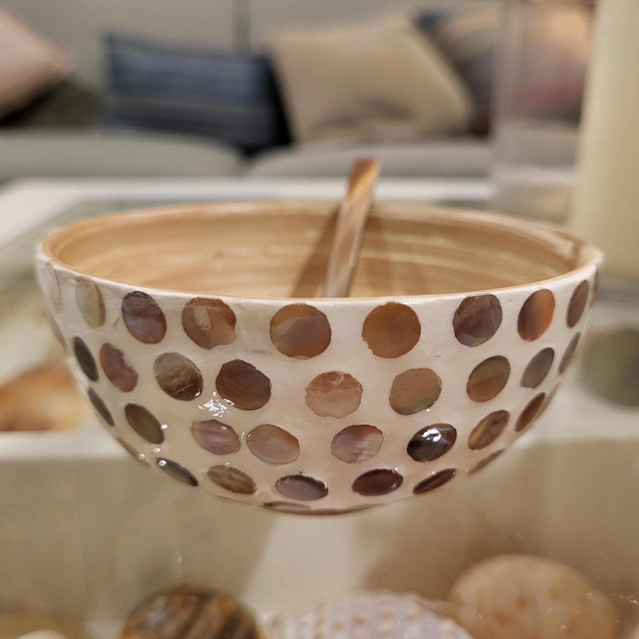 Bamboo dip bowl with mother of pearl polka dots, 10 cm diameter, for sauces, nuts or trinkets