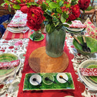 Block print cotton tablecloth with a pomegranate tree design in three colours on white, various sizes
