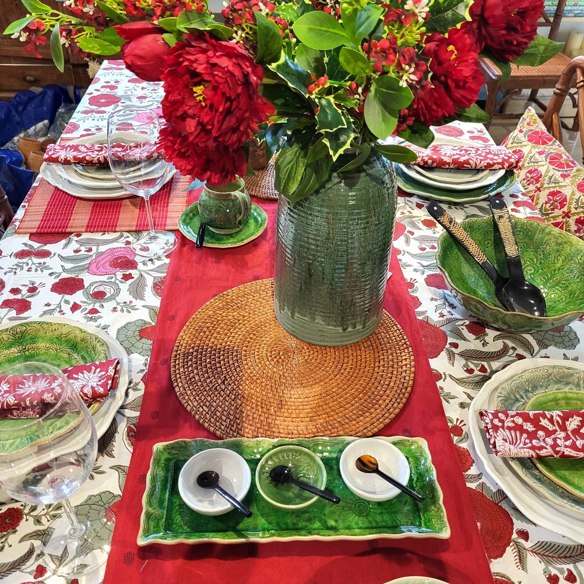 Block print cotton tablecloth with a pomegranate tree design in three colours on white, various sizes