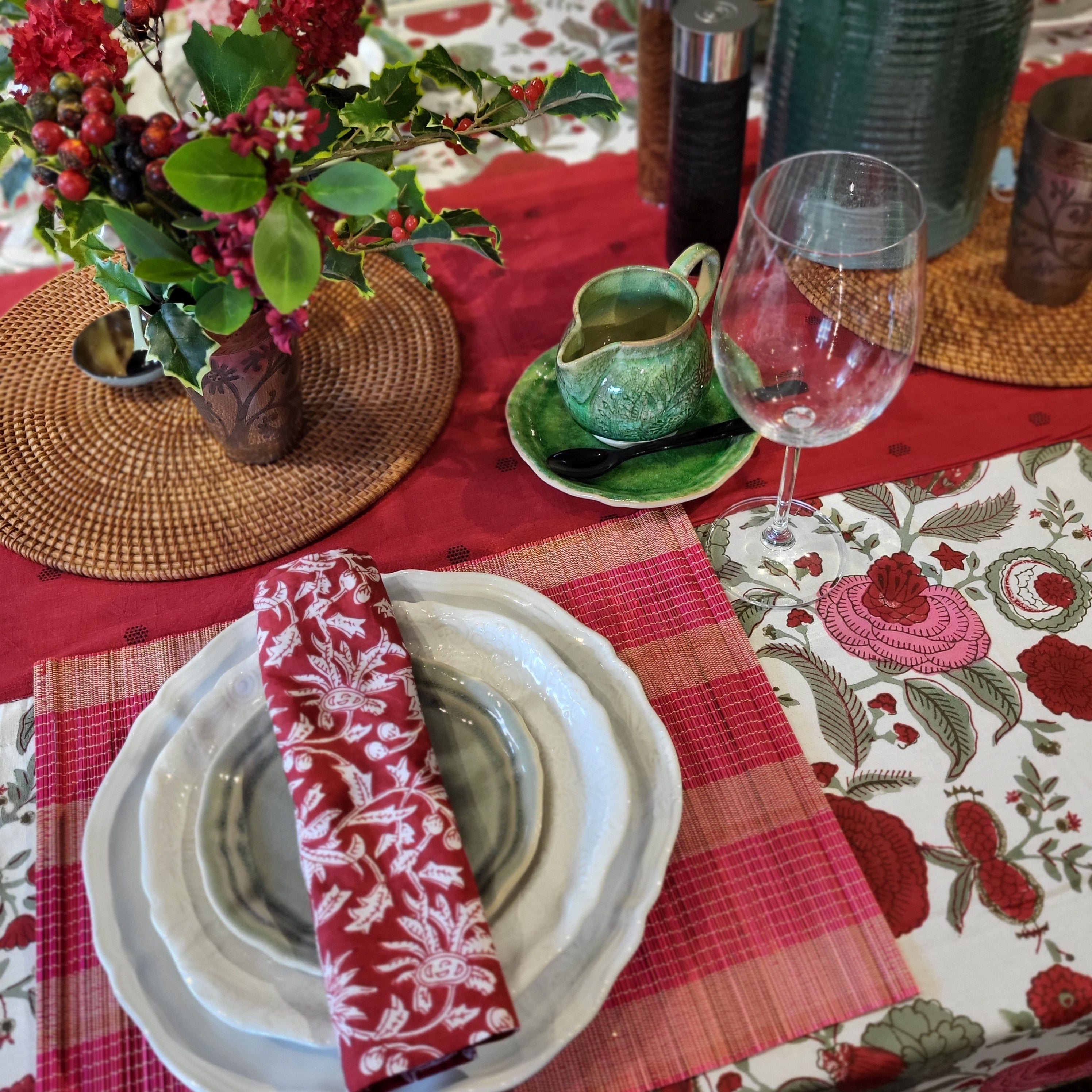 Block Print Tablecloth Pomegranate: block-printed cotton tablecloth for dining table styling, from Inside Living Singapore.