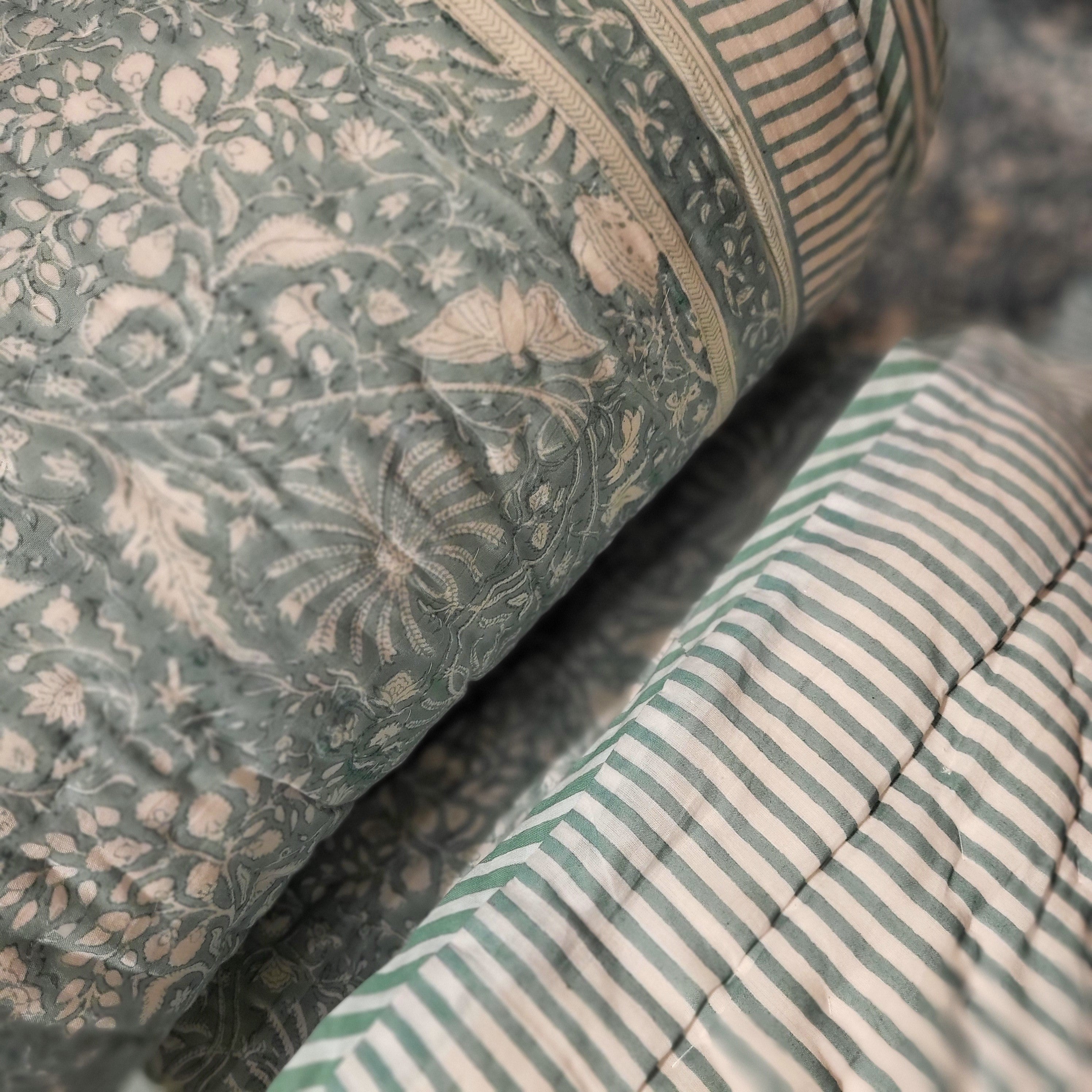 Block Printed Quilt Queen, Bed Linen from Inside Living Singapore. Alternative angle.