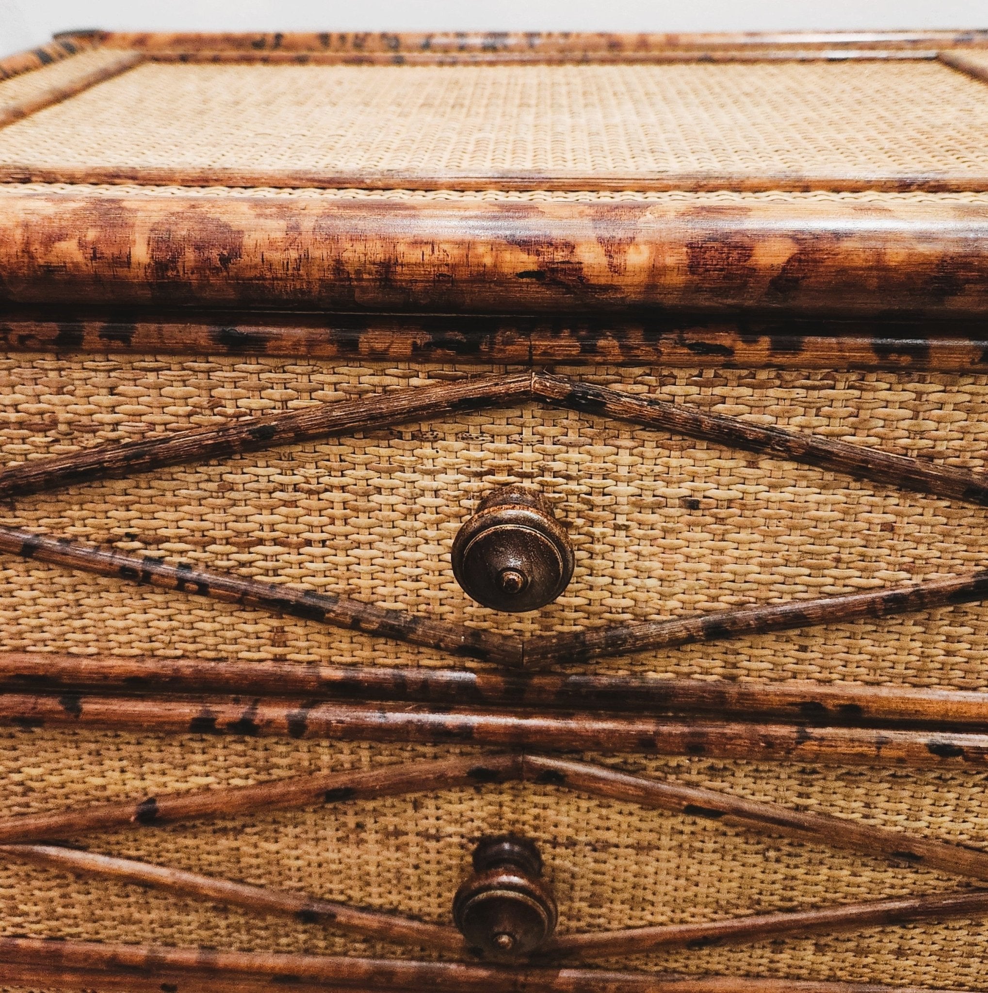 Vintage Tortoiseshell Bamboo & Cane Chest from Inside Living Singapore, detail view.