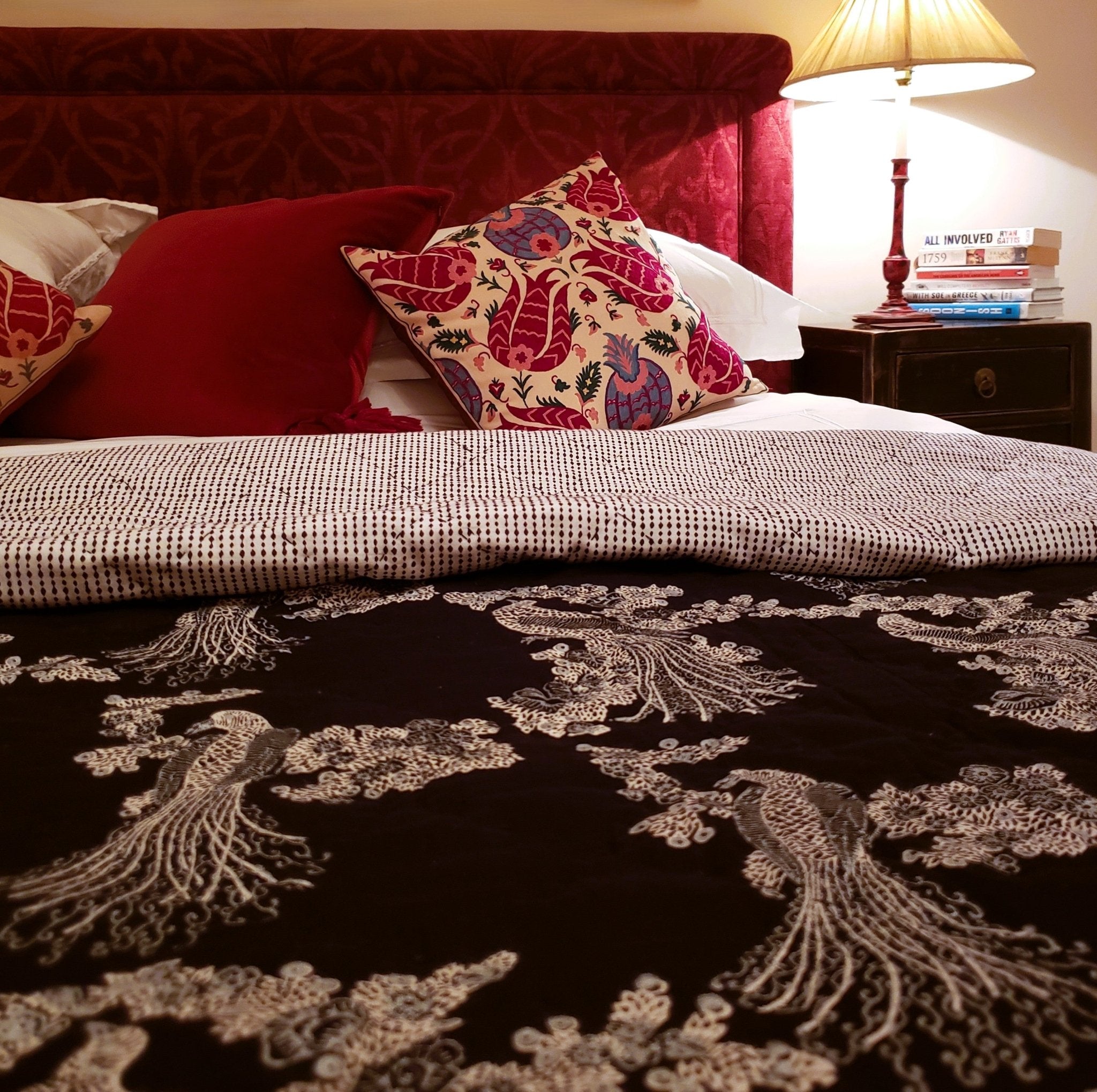 Block Print Quilt Birds of Paradise, block print quilt and bedding at Inside Living Singapore. Alternate view.