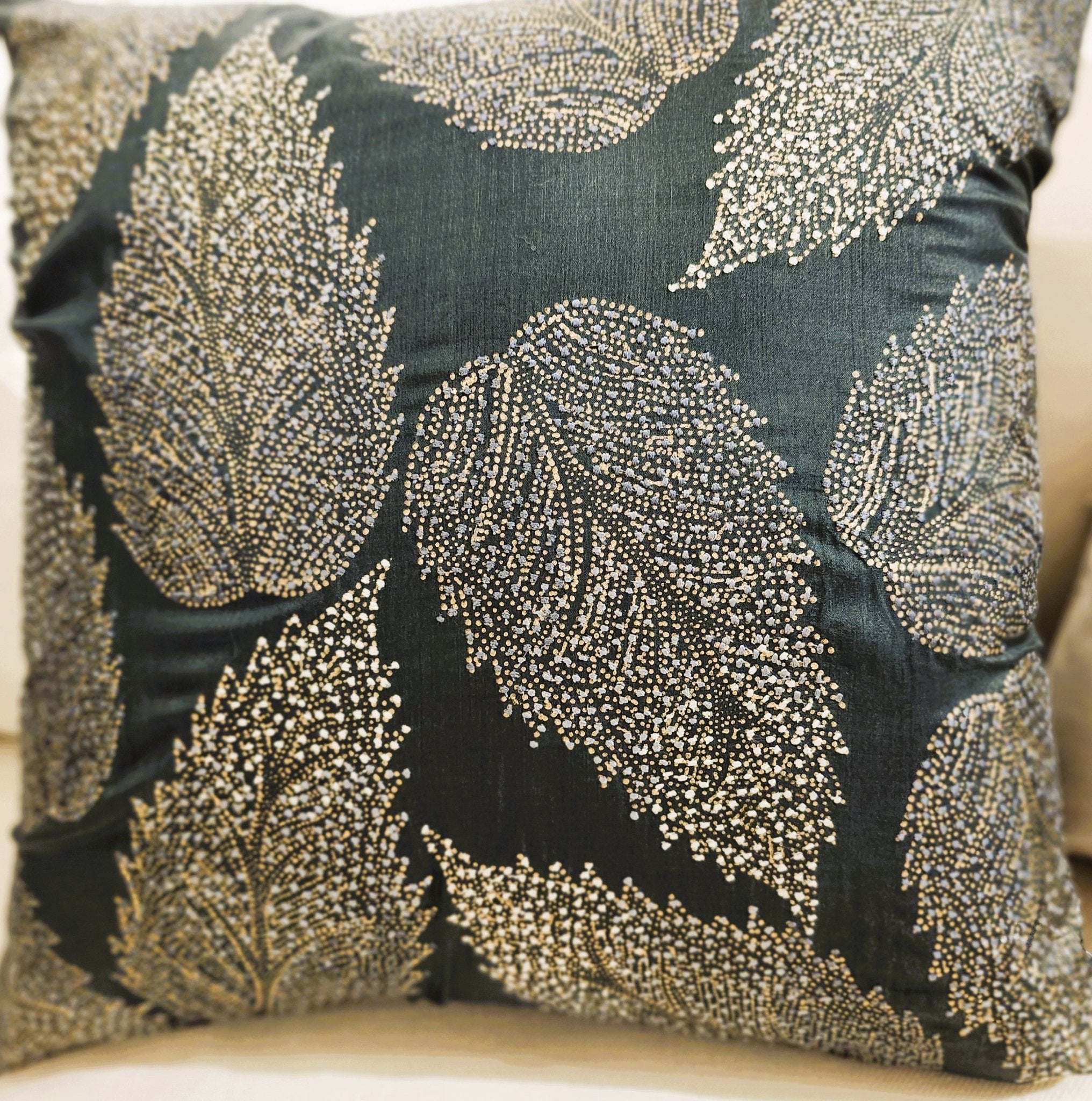 Embroidered Cushion Birch Leaf, decorative cushion cover at Inside Living Singapore. Detail view.