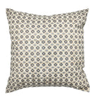 Cotton linen cushion cover with a hand-embroidered crescent pattern in blue, grey, gold and cream, 45 x 45cm