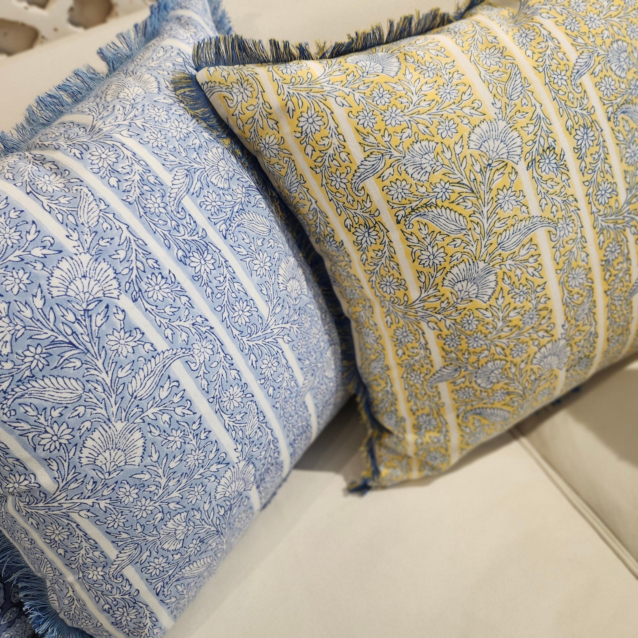 Block Print Cushion 'Gazal', decorative cushion cover at Inside Living Singapore. Side view.