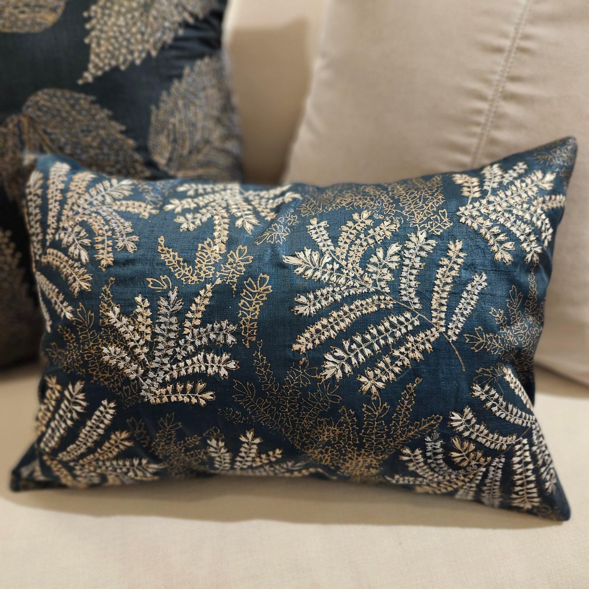 Embroidered Cushion Khejri Leaf, decorative cushion cover at Inside Living Singapore. Front view.