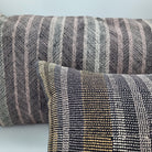 Hand-dyed cotton linen cushion cover with a fine stripe in black, grey and beige, available in two sizes