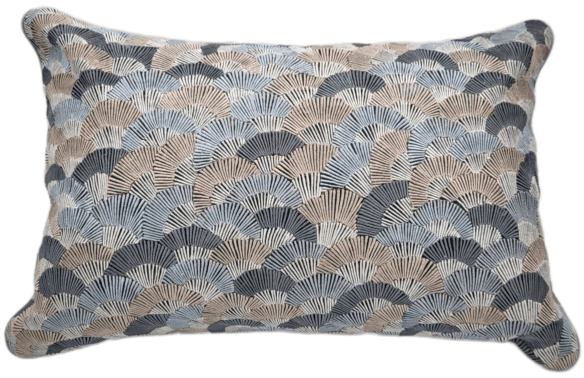 Black silk cushion cover hand-embroidered with a fan pattern in grey and taupe, 30 x 46cm, inner not included