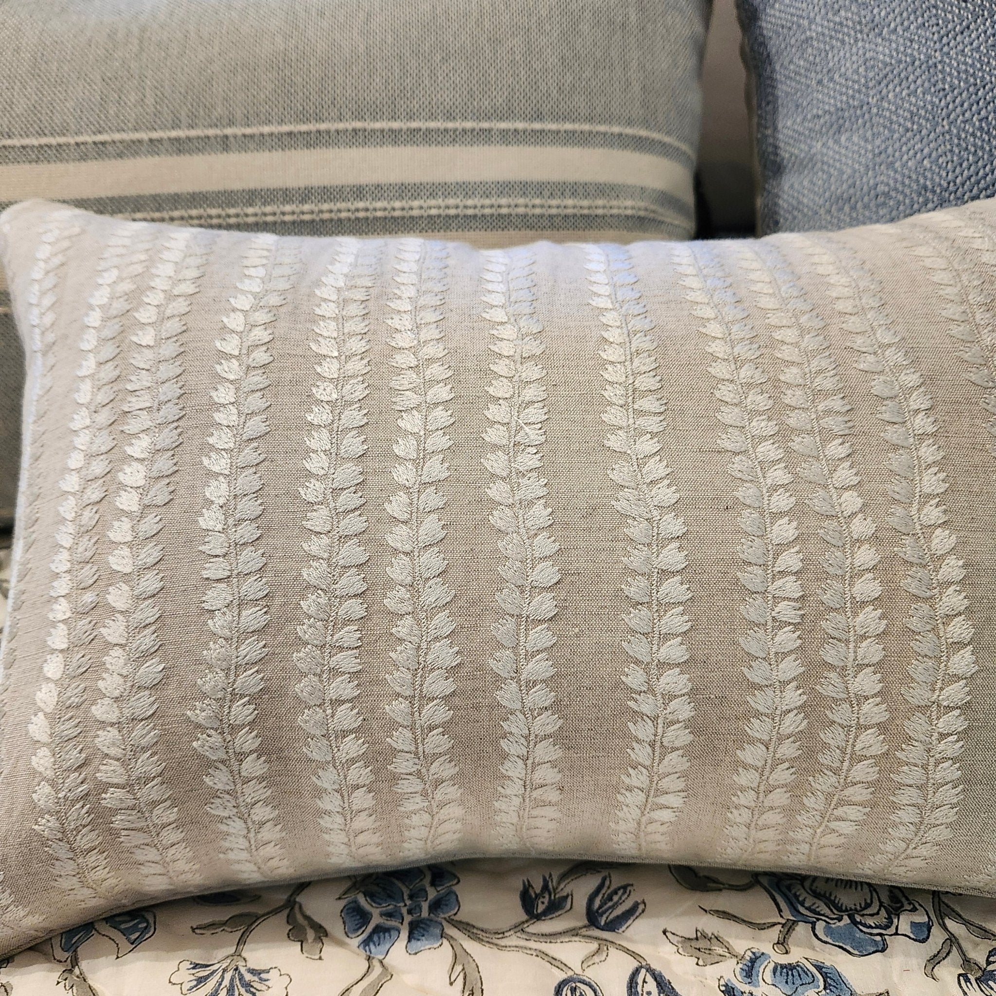 Embroidered Cushion Natural Beige, decorative cushion cover at Inside Living Singapore. Front view.
