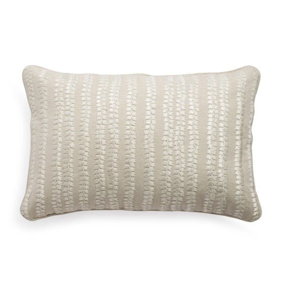Natural cotton linen cushion cover with white embroidered floral stripes, piped edge, 30 x 46cm