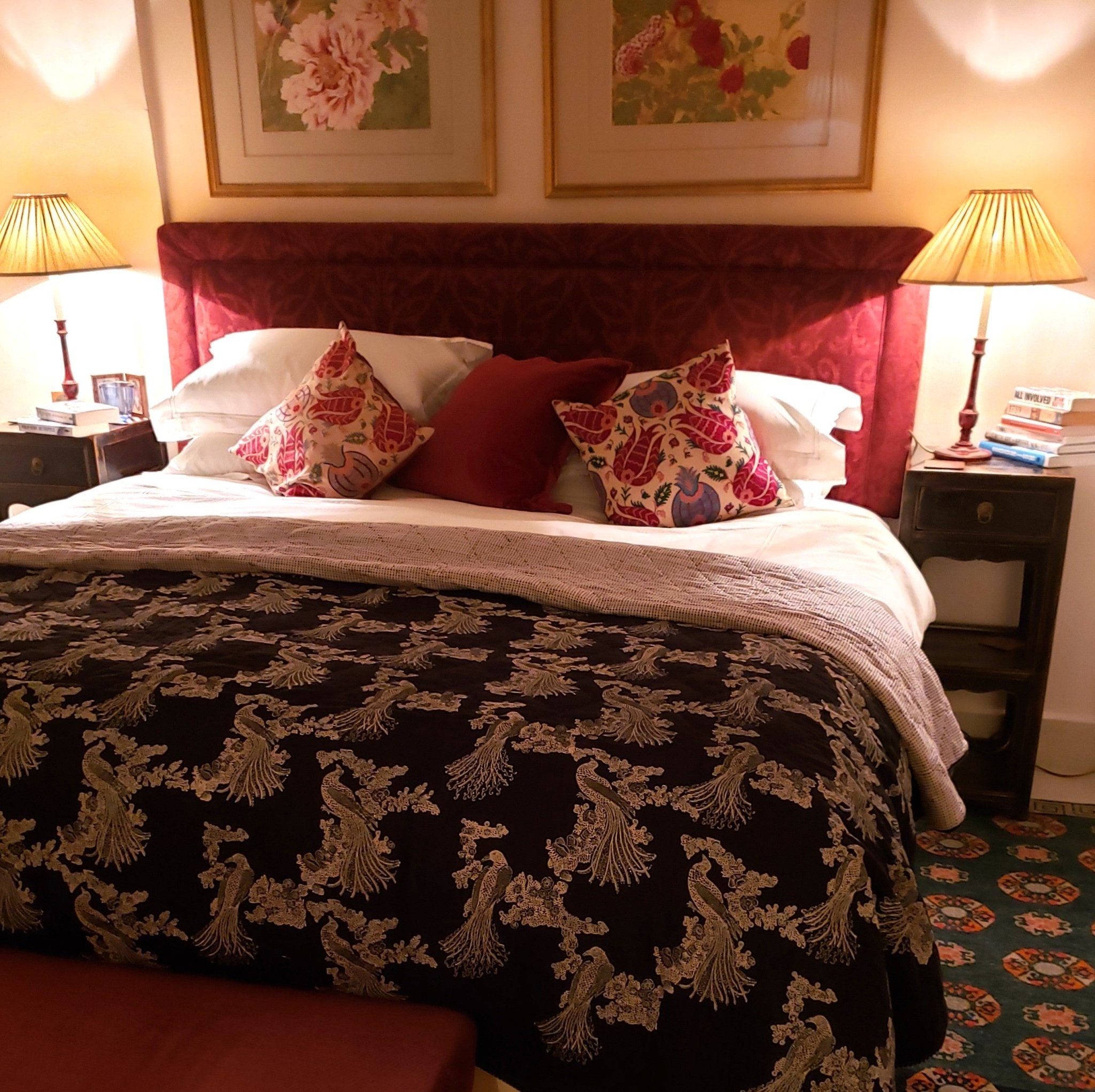 Block Print Quilt Birds of Paradise, block print quilt and bedding at Inside Living Singapore. Styled view.