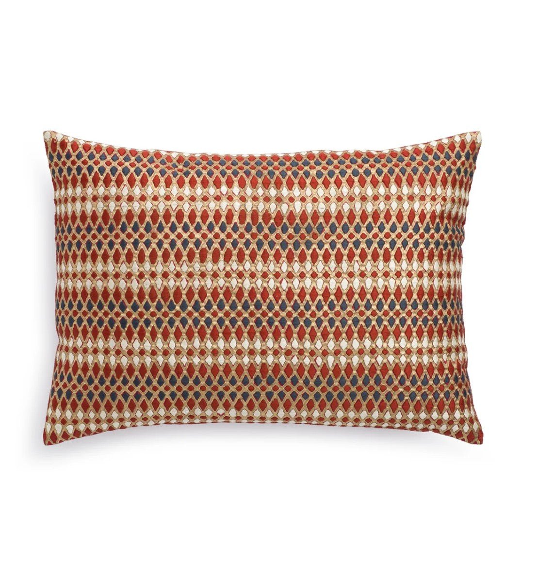 Silk cushion cover hand-embroidered with a diamond design in red and gold with black accents, 30 x 46cm