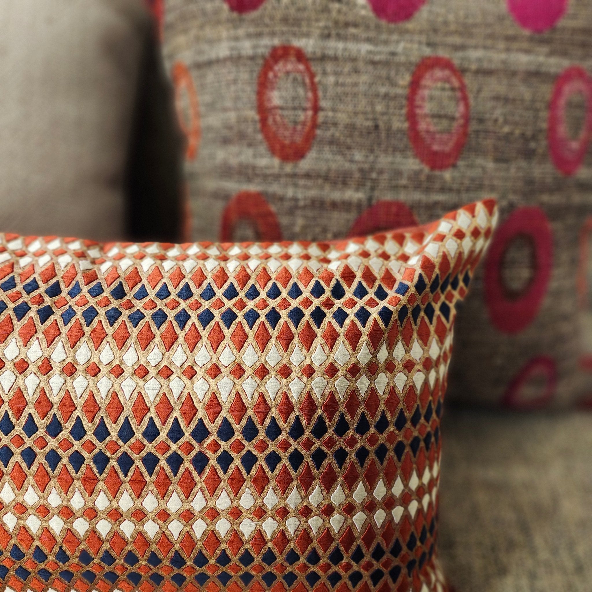 Embroidered Cushion Diamond Red & Gold, decorative cushion cover at Inside Living Singapore. Front view.