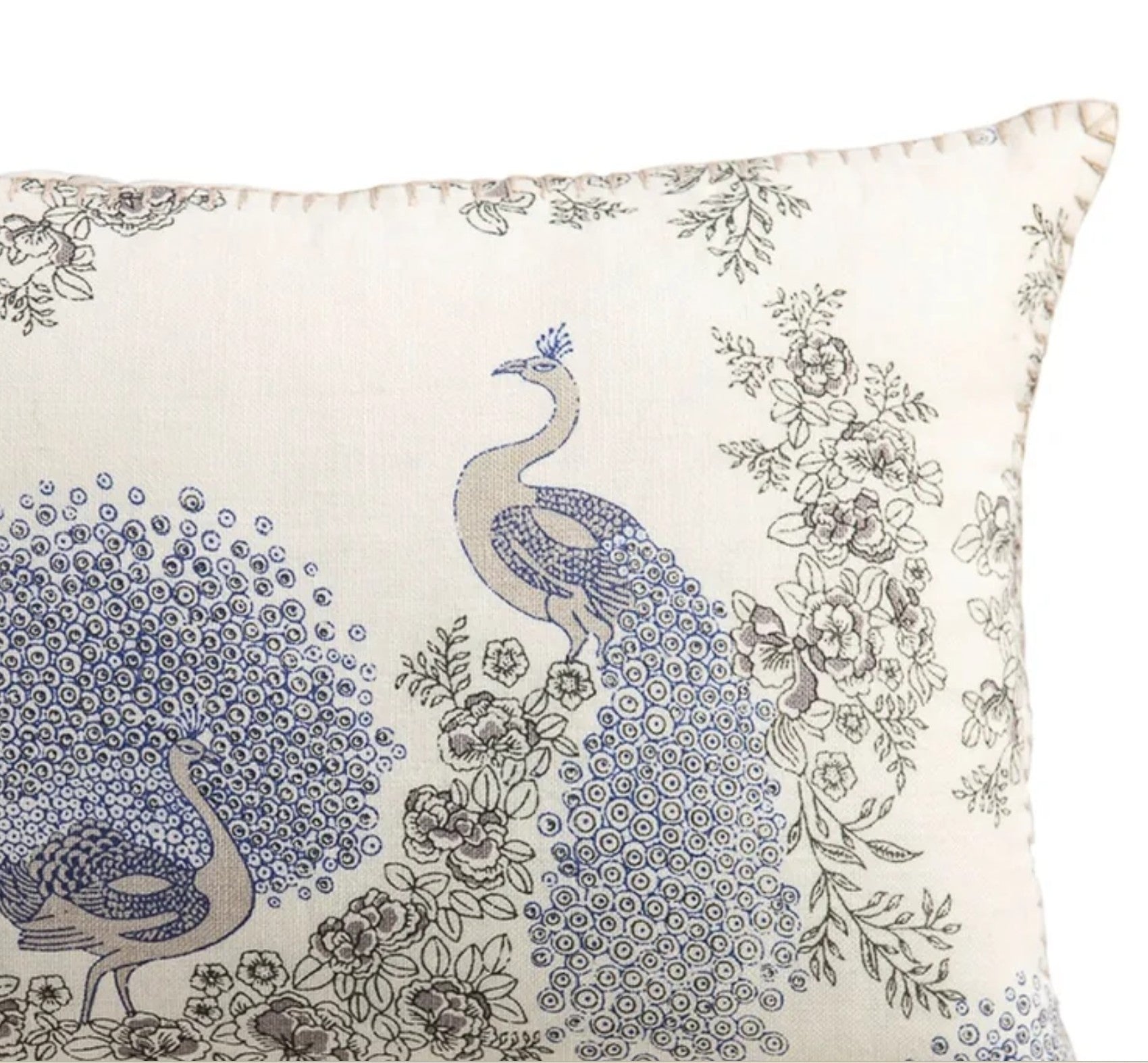 Block Print Cushion Samode Peacock, decorative cushion cover at Inside Living Singapore. Side view.