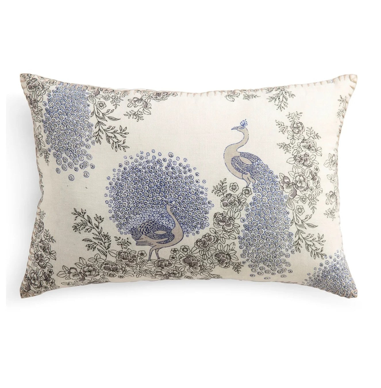 Linen cushion cover block-printed with blue and white peacocks, hand-finished in blanket stitch, 30 x 46cm