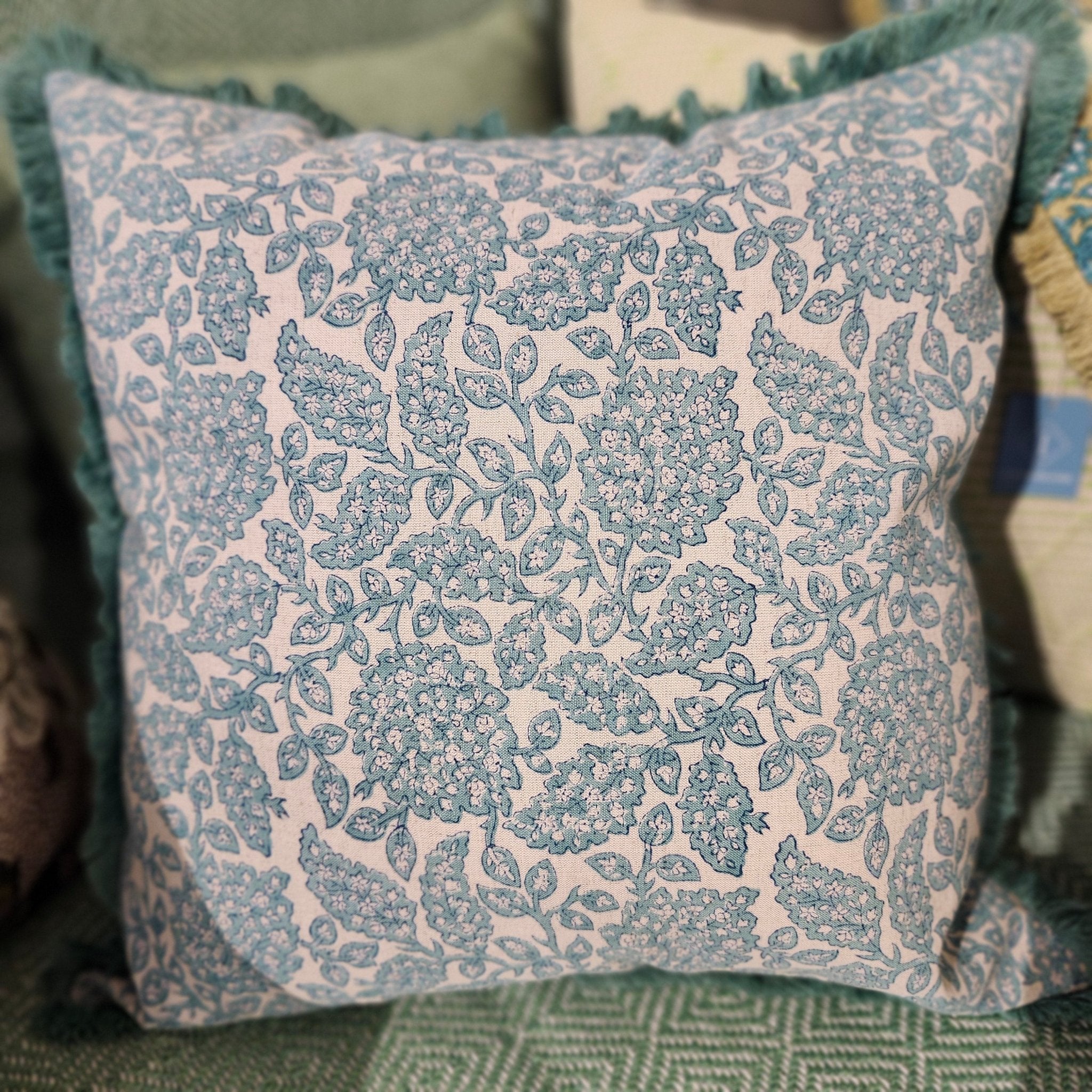 Block Print Cushion 'Shahnaz', decorative cushion cover at Inside Living Singapore. Side view.