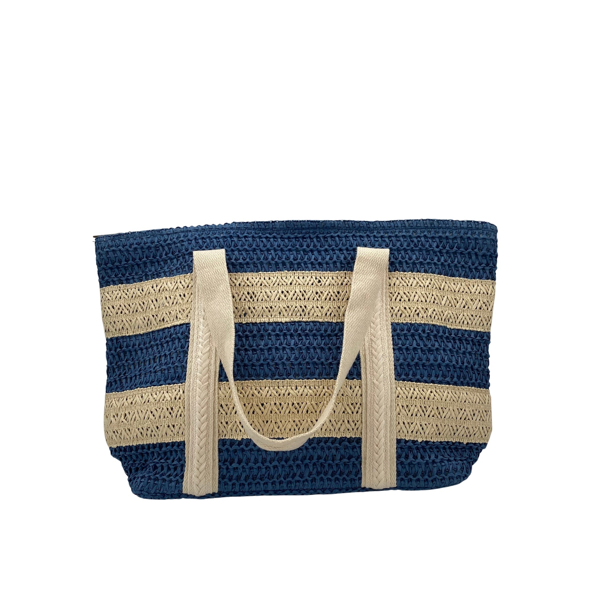 Handmade striped raphia beach bag with a zip and inner pocket, in three colours, made in Vietnam
