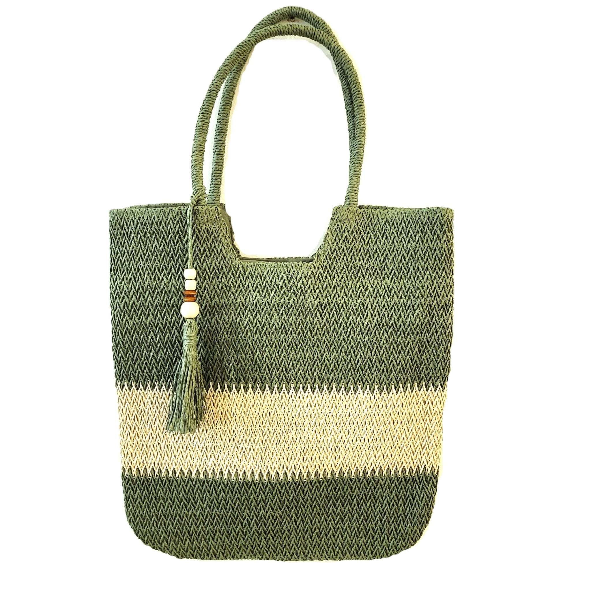 Raphia Beach Bag Tassel and Stripe detail view, accessories from Inside Living Singapore.