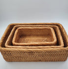 Rectangular handwoven natural rattan basket for home storage of throws, toys and household items