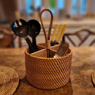 Round handwoven natural rattan utensil holder for kitchen worktop storage of cutlery and tools