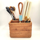 Square utensil holder in natural rattan, handmade in Vietnam, 18 x 13 cm for cutlery, spoons or stationery