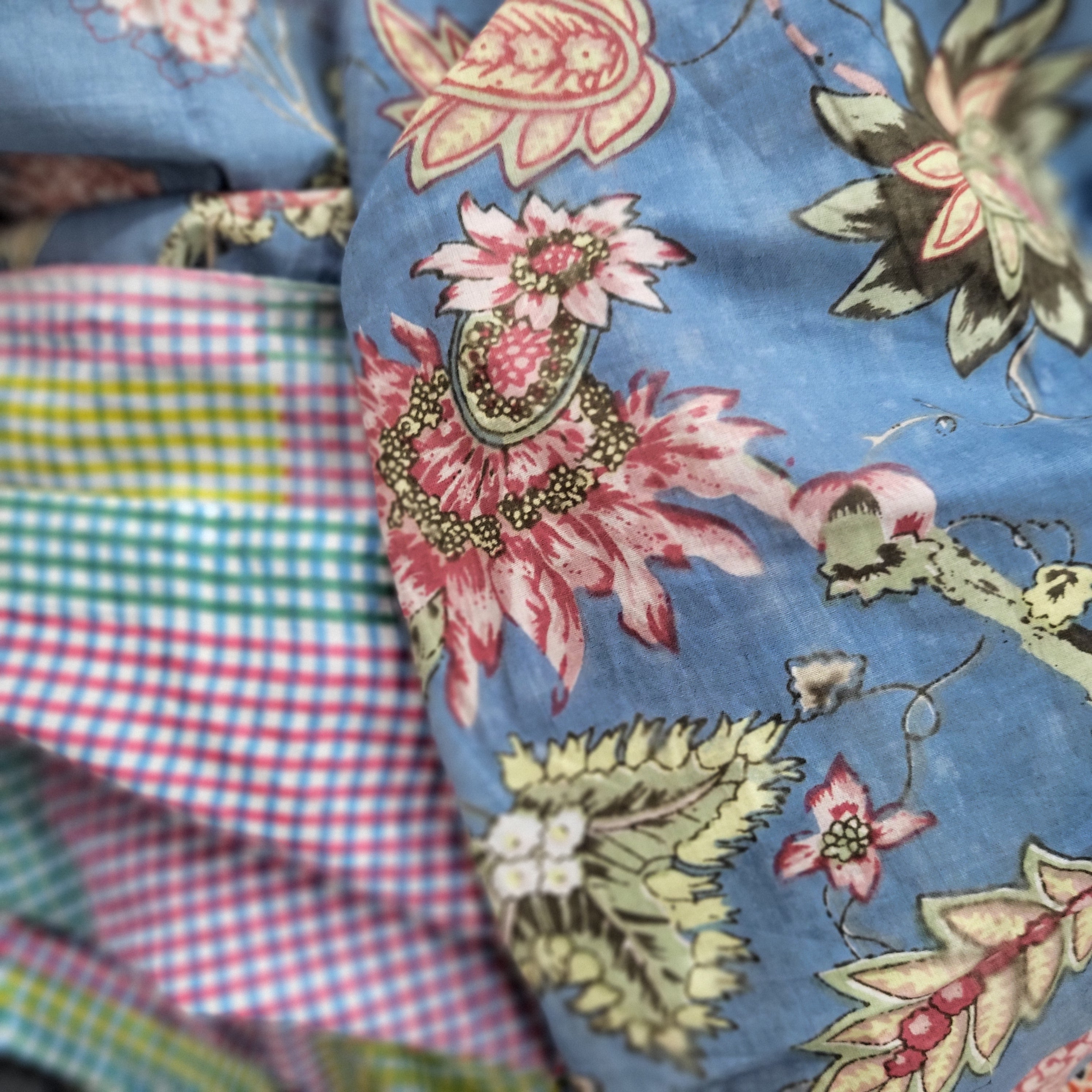 Reversible Dusty Blue Floral block print cotton table runner with gingham reverse, 35 x 250 or 40 x 300 cm