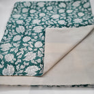Cotton block-printed table runner in aquamarine green with a white floral pattern, 34 x 250 cm