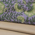 Cotton block-printed table runner with a summer chrysanthemum print in purple and green, 34 x 250 cm
