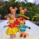 Handmade handwoven fabric mouse toy dressed in colourful clothes and boots, in four sizes