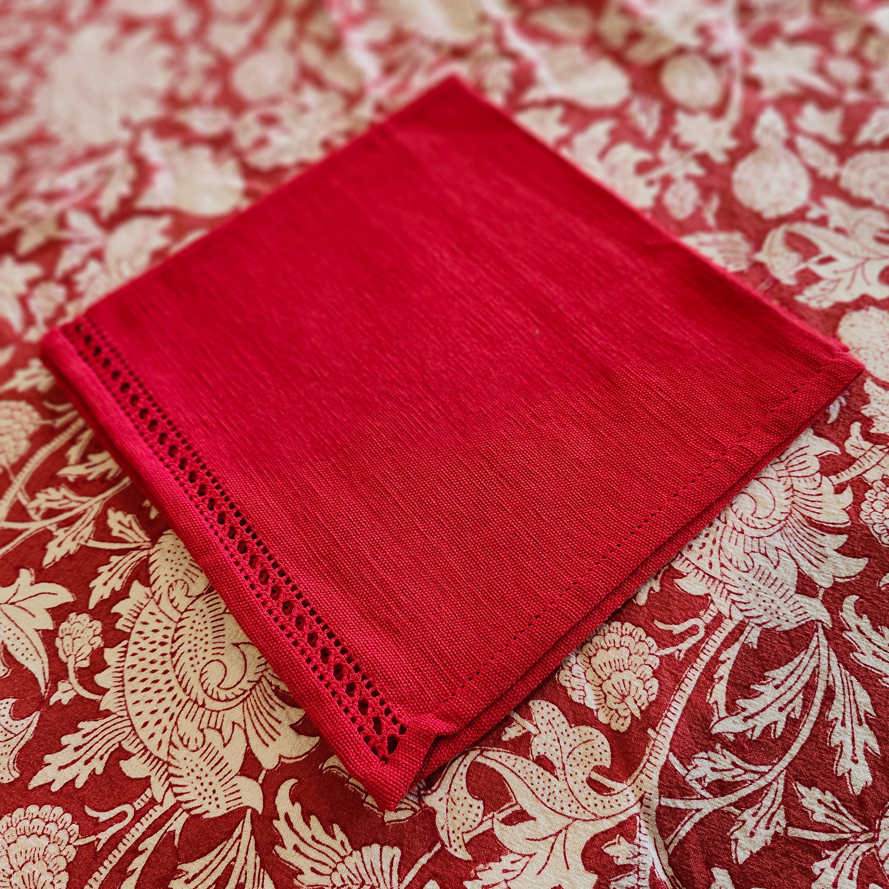Set of two handwoven red cotton napkins with delicate hemstitch edging, 46 x 46 cm