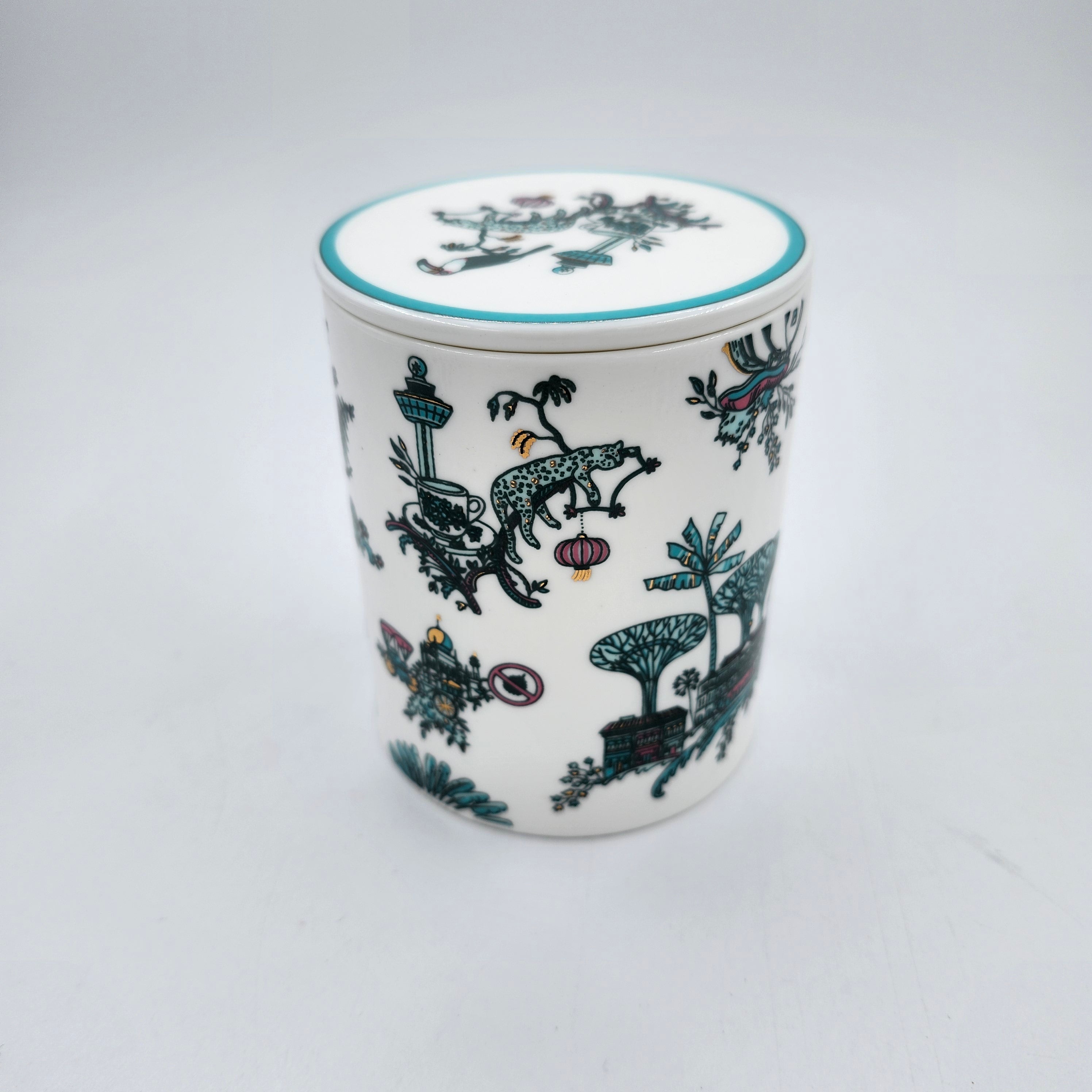 Singapore Toile Scented Candle from Inside Living Singapore, side view.