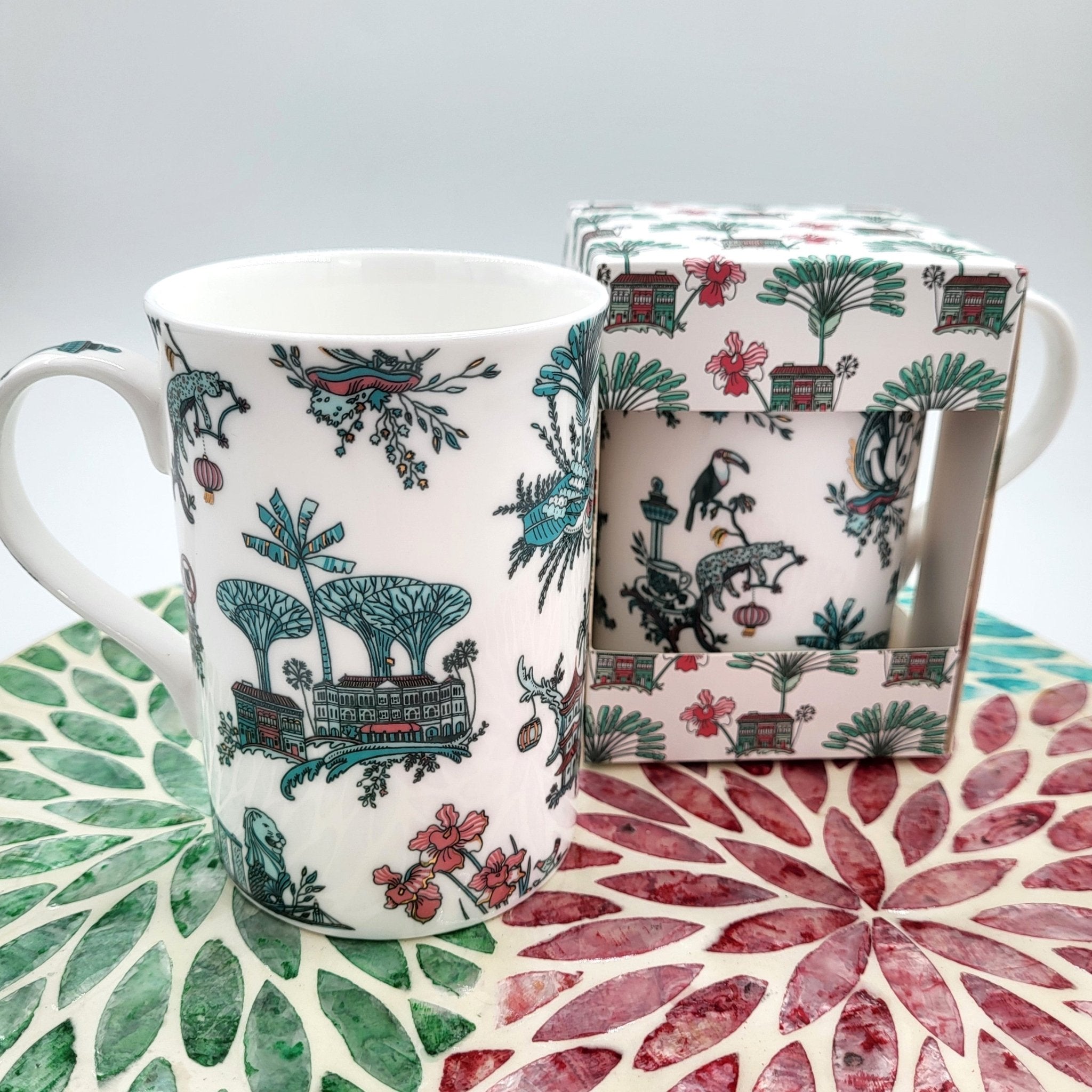Fine bone china mug in the Singapore Toile design, 10.8 cm tall, 350 ml, in a gift box